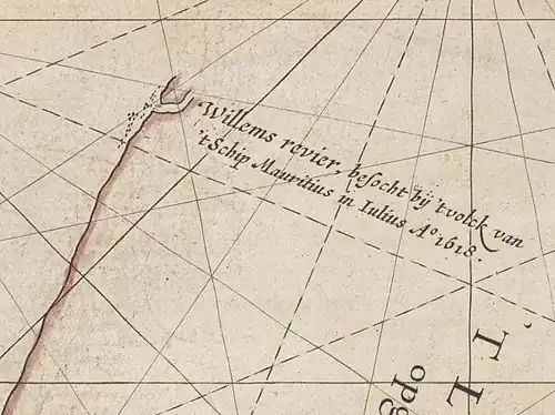 Caert van't Landt van d'Eendracht (detail naming Mauritius as ship used for the discovery of Willem's River) – The text on this close-up cropped image says, Willems revier, besocht by 't volck van 't Schip Mauritius in Iulius A° 1618 ("Willem's River, visited by the crew of the ship Mauritius in July 1618")
