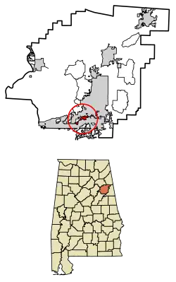 Location of Hobson City in Calhoun County, Alabama.