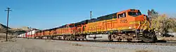 A BNSF freight passing through Caliente climbs eastbound toward Mojave, California.