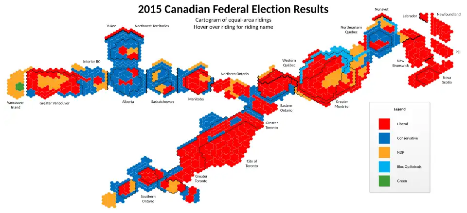 Seats won by riding - equal-area riding map