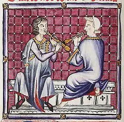 1280, Iberian Peninsula. Type of shawm unlabeled in the Cantigas de Santa Maria. Has been called a possible musette, and has the same bulbous bell as the Guatemalan chirimia.