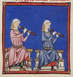 1280, Iberian Peninsula. Type of shawm unlabeled in the Cantigas de Santa Maria. Has been called a possible musette, and has the same bulbous bell as the Guatemalan chirimia.