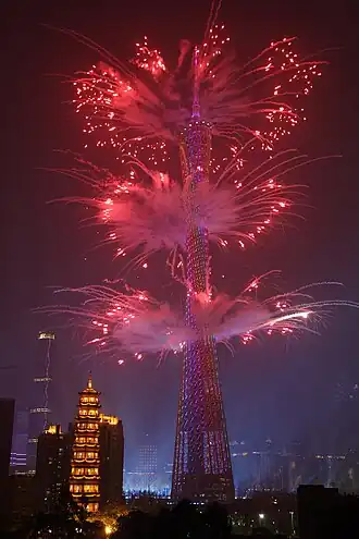 Red fireworks coming out from the Canton Tower during the 2010 Asian Games