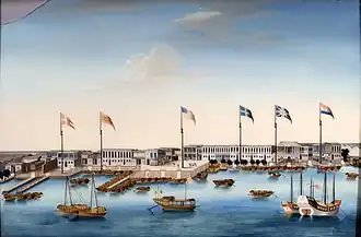 The Thirteen Factories c. 1805, displaying the flags of Denmark, Spain, the United States, Sweden, Britain, and the Netherlands