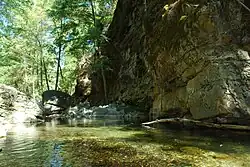 A pool along a steep, gorge-like portion of the Carmel River is illuminated by the sun with layers of colors showing themselves through the water.
