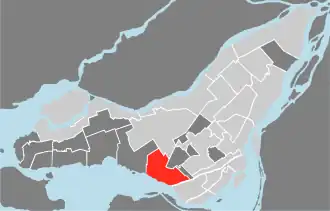 Location of Lachine on the Island of Montreal. (Grey areas indicate demerged municipalities.)