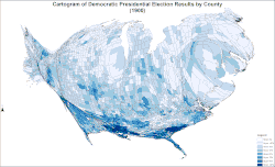 Cartogram of Democratic presidential election results by county