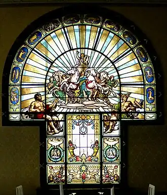 Spectacular stained glass window with an Ancient Greek mythological theme in the Assan House, Bucharest, by Ion D. Berindey, 1914[54]