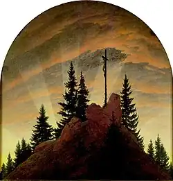 Caspar David Friedrich, Cross in the Mountains (Tetschen Altar), 1808. Friedrich's first major work, breaking with the traditional representation of crucifixion in altarpieces by depicting the scene as a landscape