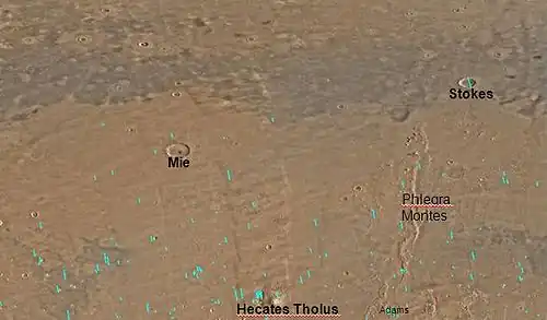 Map of Cebrenia. Viking&nbsp;2 landed near Mie crater. The volcano Hecates probably has glaciers on its slopes.