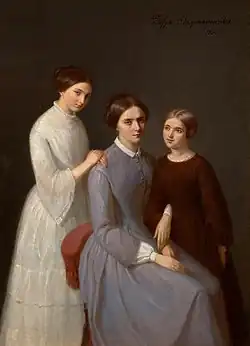 Celina Mickiewiczowa With Her Daughters Maria and Helena (1851), oil on canvas, by Zofia Szymanowska-Lenartowicz