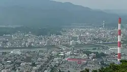 Panorama view of Agata and Nakashima, other downtown areas and the Ose River in Nobeoka, from Mount Atago.