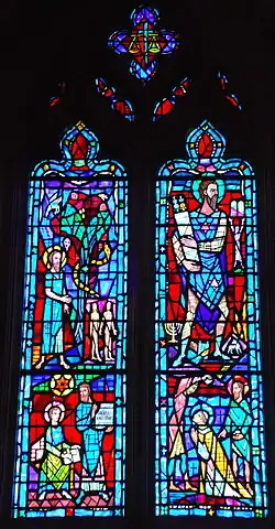 Stained glass depicting Adam & Eve and Moses, dedicated to Charles Warren