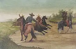 A Charro throws a mangana or fore-footing loop to capture a bull (1911).