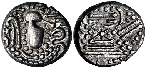 A Chaulukya-Paramara coin, c. 950-1050 CE. Stylized rendition of Chavda dynasty coins: Indo-Sassanian style bust right; pellets and ornaments around / Stylised fire altar; pellets around.[21]