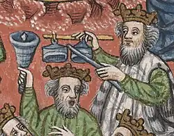 1448, Germany. Elders of the Apocalypse play chimes (hung from a rod) and a handbell.