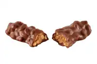 A chocolate Payday candy bar broken in half.