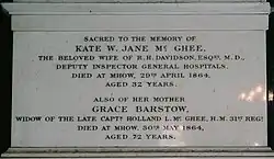 A White Marble memorial to Kate W Jane McGhee, Wife of RH Davidson, MD who was the Deputy Inspector General of Hospitals