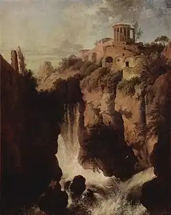 The Temple of Vesta in Tivoli, Italy, was the subject of many romantic landscape paintings in the 18th and 19th centuries. This one is by Christian Dietrich, from about 1750.