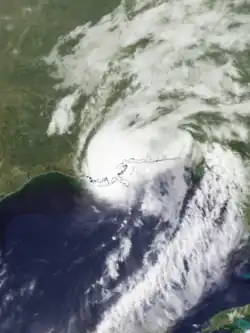 Satellite image of a Category&nbsp;1 hurricane over Louisiana