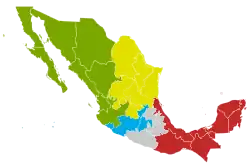Mexico divided into the five electoral regions