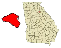 Location of Athens in Clarke County (left) and of Clarke County in Georgia (right)