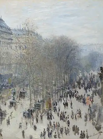Boulevard des Capucines; by Claude Monet; 1873; oil on canvas; 80.5 x 60.2&nbsp;cm; Nelson-Atkins Museum of Art (Kansas City, Missouri, US)[223]