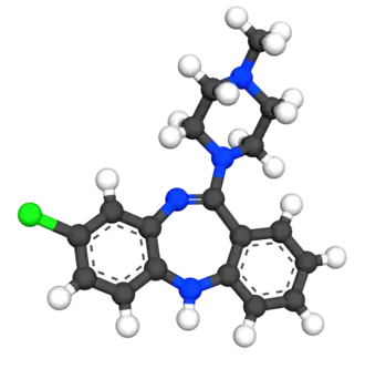 Stick-and-ball model of the clozapine molecule