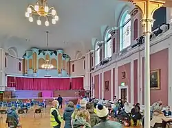 COVID-19 vaccination in the Large Hall of the Cambridge Guildhall viewed from its main entrance