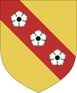 Riedenburg: Or, on a bend gules three roses argent [or sable[23]], as depicted in the Codex Manesse