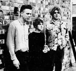 Cocteau Twins in 1985, from left to right: Simon Raymonde, Elizabeth Fraser, and Robin Guthrie
