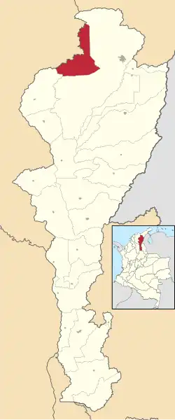 Location of the municipality and town of Pueblo Bello in the Department of Cesar.