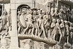 Roman legionaries as depicted in relief on the column of Emperor Marcus Aurelius (r. 161–180 AD) in Rome, Italy