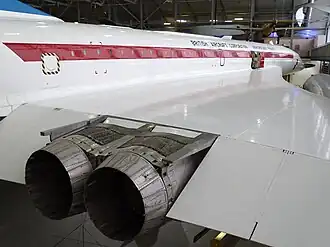 The pre-production Concorde G-AXDN, Duxford, close-up of nozzles and reverse-thrust, exit-air cascade vanes. On production aircraft, a revised design of "eyelid" variable nozzle/thrust reverser was used.