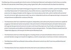 The creation of a Palestinian state was contingent on a number of conditions, for which compliance was to be assessed by Israel and the United States.