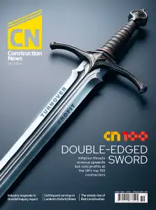 Cover of Construction News magazine showing a sword etched with TURNOVER on the left side and PROFIT on the right side, the headline is CN100, DOUBLE-EDGED SWORD