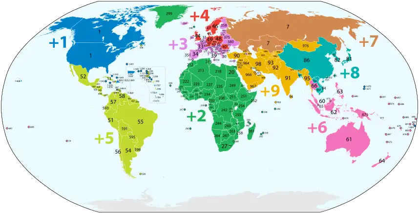 Worldwide distribution of country codes. Regions are coloured by first digit.