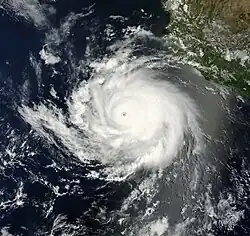 A photograph of a powerful hurricane over the Eastern Pacific Ocean