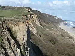 Erosion of cliffs on the Norfolk coast near Cromer. The coastline along East Anglia's North Sea coast is particularly prone to erosion, and has led to many instances of properties being relocated or destroyed over the course of history.