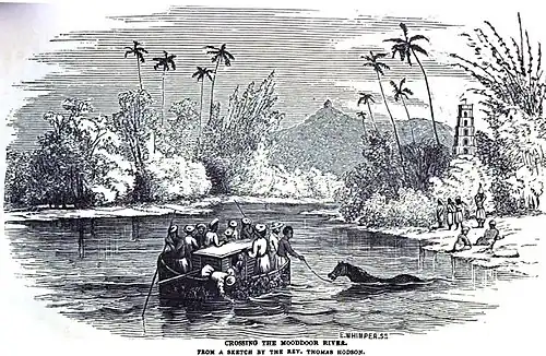 Crossing the Moodoor River, From a sketch by the Rev. Thomas Hodson (March 1851, VIII, p.&nbsp;26)