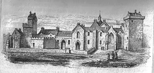 Black and white sketch of an abbey; landscape is in background, with five people in the foreground depicted going about their business.