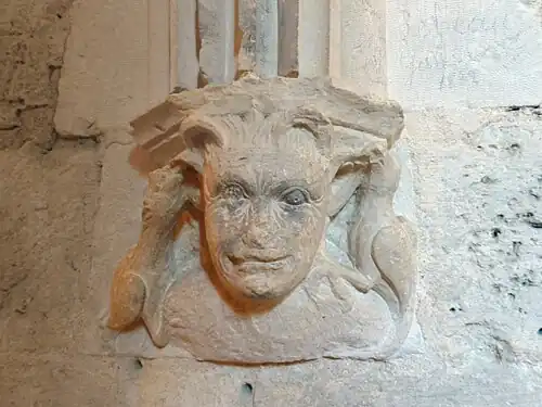 Gothic mascaron in the crypt of the Bourges Cathedral, Bourges, France, unknown architect or sculptor, 1195-1230