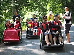 A group of "Cycling Without Age" trishaws during the Øresund Tour 2016 taking a rest