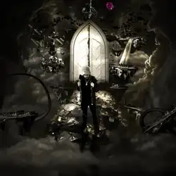 A man wearing a black outfit is seen standing on a platform with dark clouds surrounding him, and a closed door in the background.