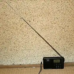Retractable quarter-wave whip antenna for FM reception on a portable radio, 88&nbsp;-&nbsp;108&nbsp;MHz