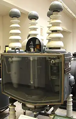 Cut-away model of early high-voltage steel-tank rectifier rated at 50&nbsp;kV, 30&nbsp;A