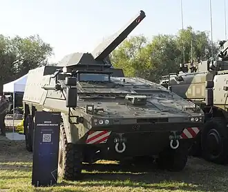 Patria and Rheinmetall unveiled a mission module for the Boxer equipped with a NEMO 120&nbsp;mm mortar system at the Defence Vehicle Dynamics 2024