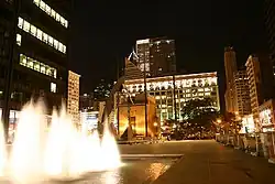 A view of the plaza at night.