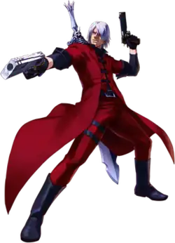 Render of a silver haired man wearing a red jacket. The hilt of his sword is visible while he points a pistol forward.