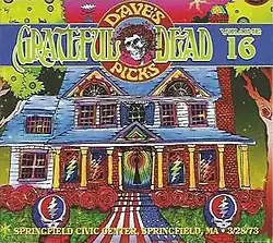 An old house at night, with psychedelic colors, large roses in the front yard, and lightning-bolt-skull gateposts.